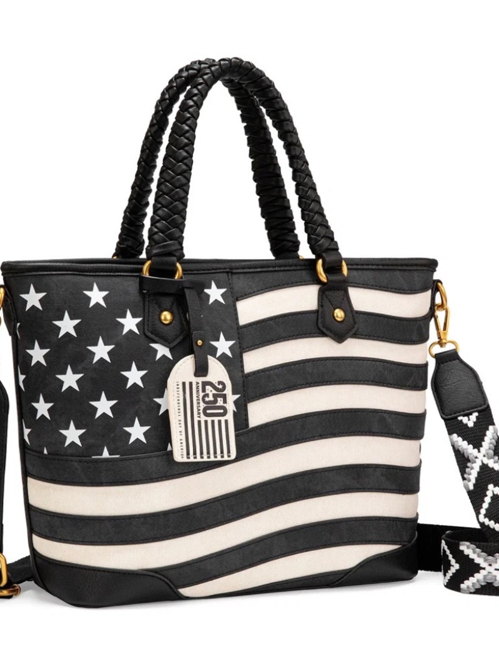 Montana West American Flag Braided Concealed Carry Tote Bag Black - Picture 9 of 11